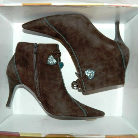 Richard Tyler Brown Suede Ankle Boots with Teal Detail, US Sz. 6 1/2 w/box - Picture 11 of 12